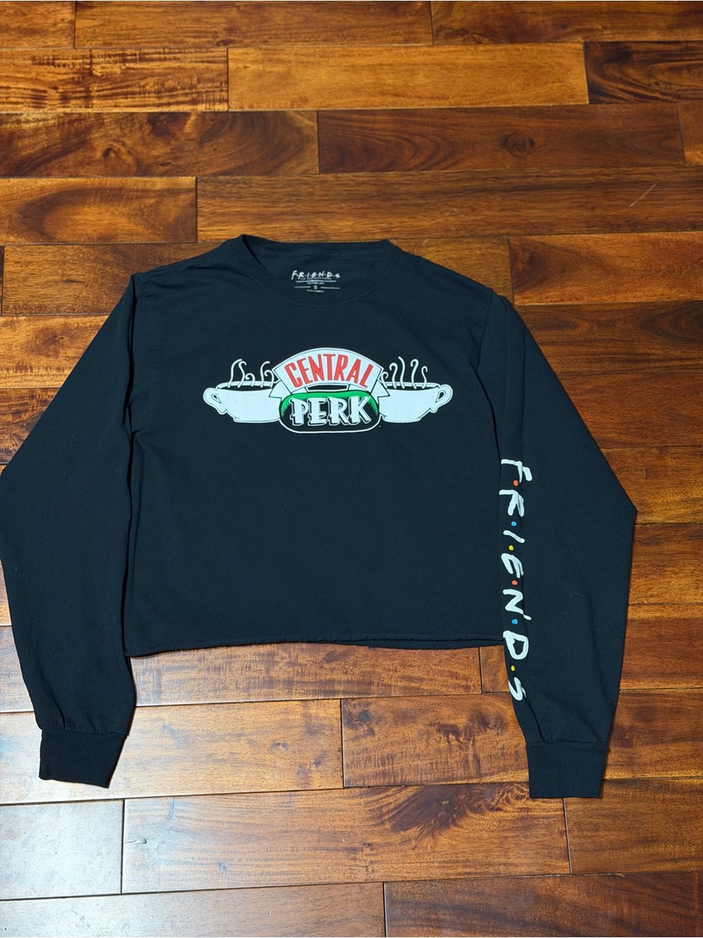 FRIENDS Central Perk Black Cropped Long Sleeve Tee with Multicolor Logo size S - Picture 2 of 7